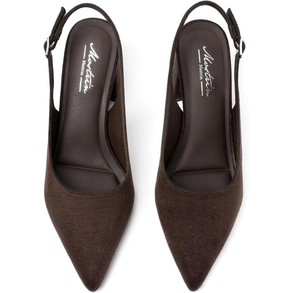 Women's Brown 3 Pointed Closed Toe Slingback Chunky Heels Office Work Pump Shoes - Picture 4 of 9
